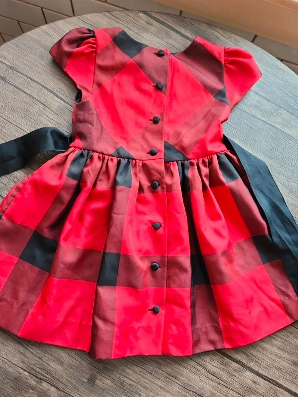 Ralph Lauren 24M Red Buffalo Plaid Taffeta Holiday Dress Black Grosgrain Sash
